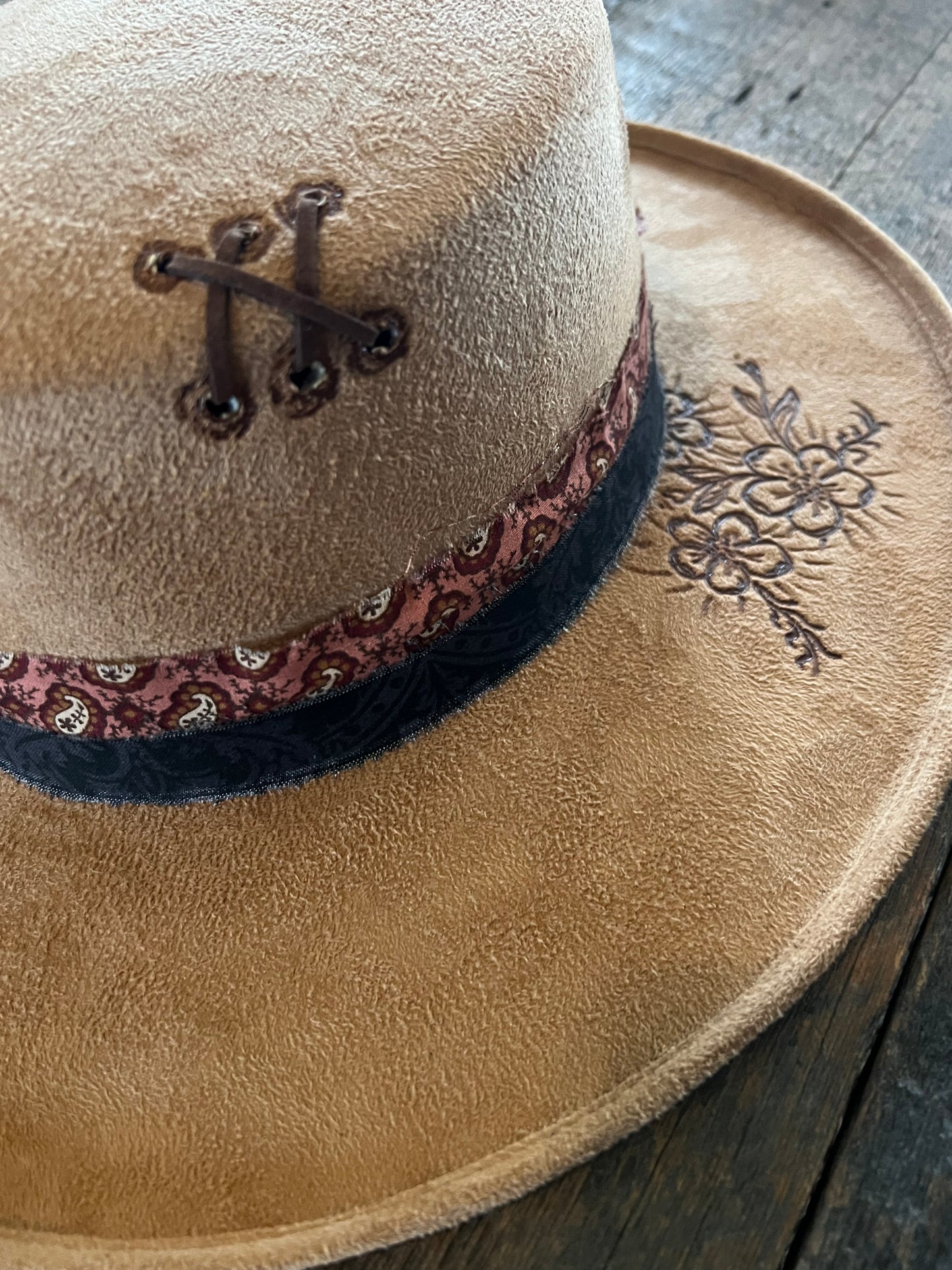 #148 - Floral Accented Pencil Brim Rancher Hat
