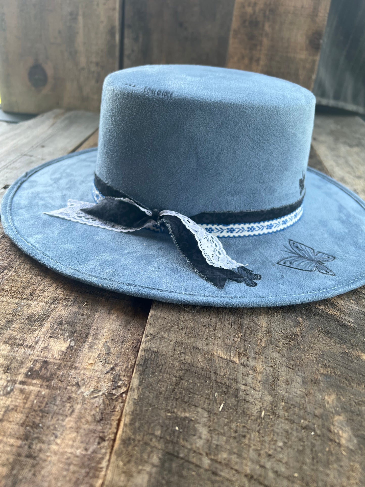 #110 - Beautiful Gray Suede Hat with Butterfly & Flowers