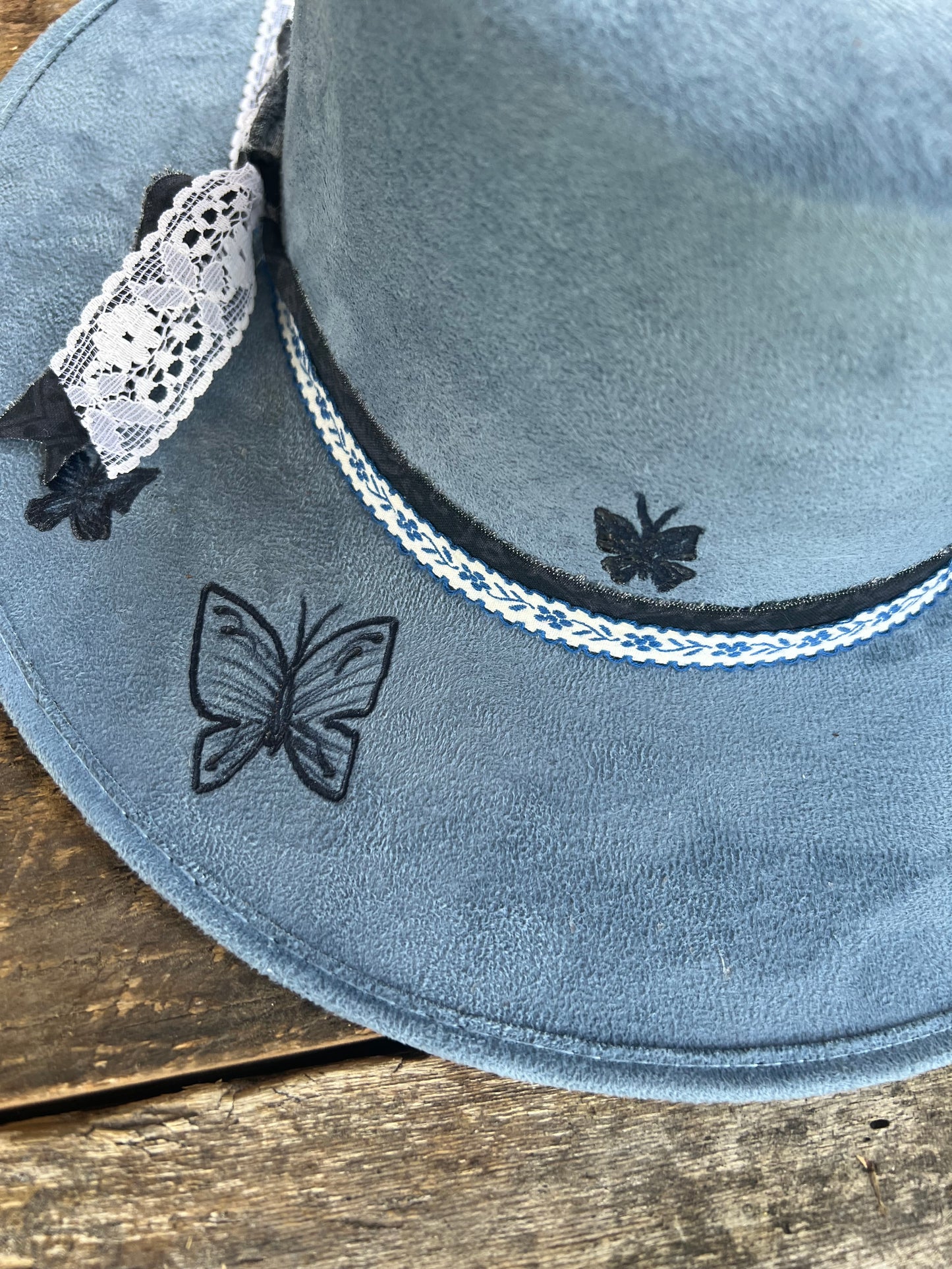 #110 - Beautiful Gray Suede Hat with Butterfly & Flowers