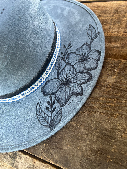 #110 - Beautiful Gray Suede Hat with Butterfly & Flowers
