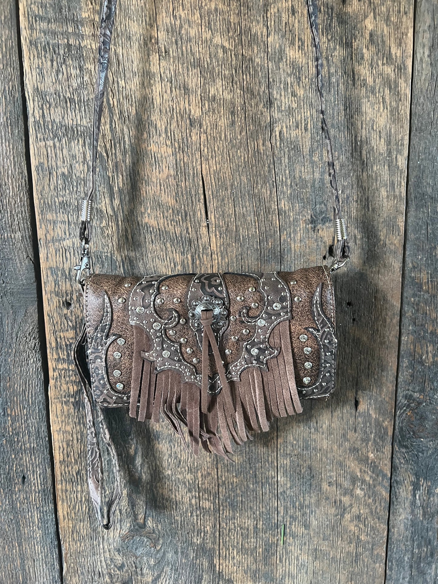 #210-BR Western Cross Body Purse/Wallet or Wristlet with Fringe