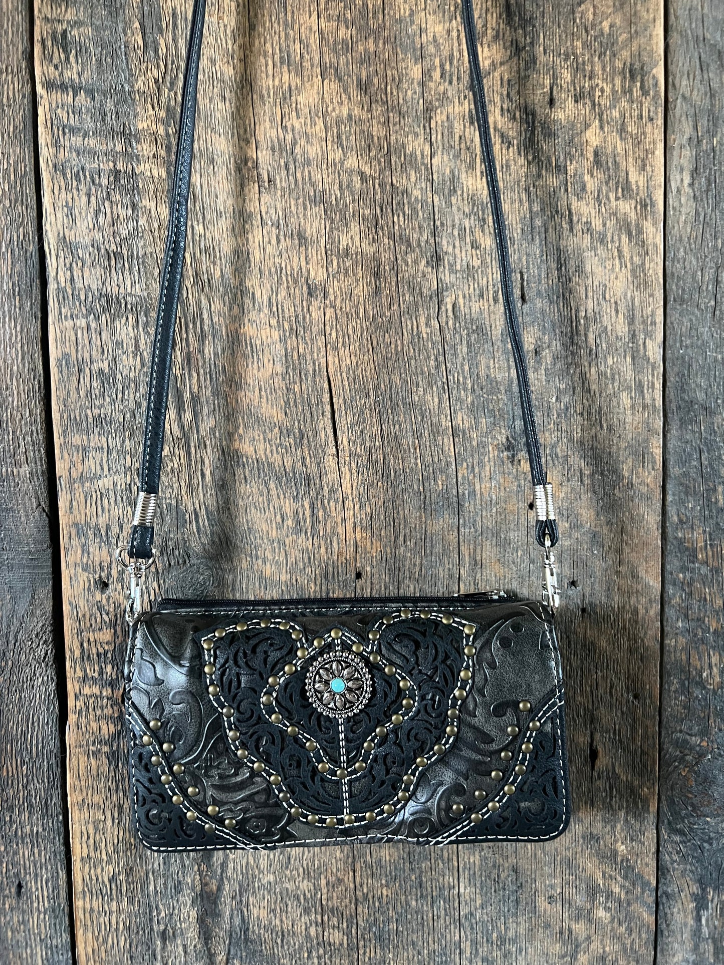 #215-BL Western Cross Body Purse or Wallet or Wristlet - Black