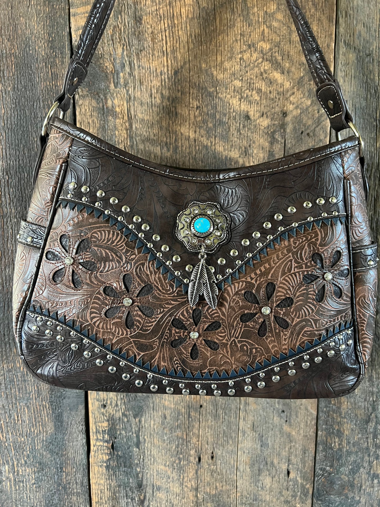 #240-BR Western Concealed Carry Purse with Daisy Design - Brown