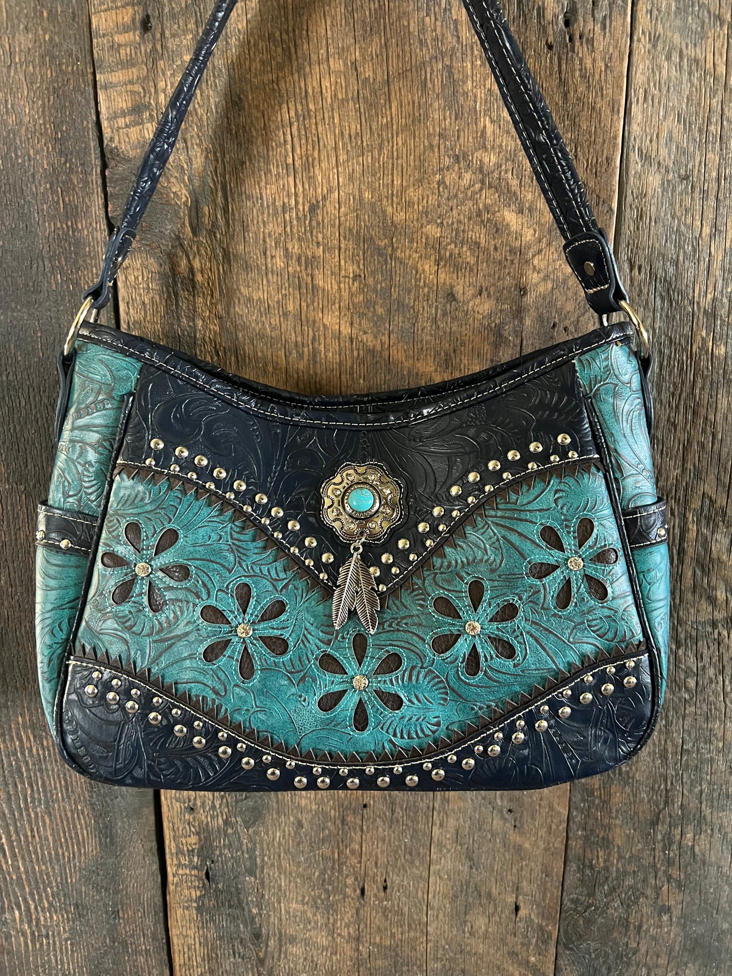 #240-BT Western Concealed Carry Purse with Daisy Design - Turquoise and Black