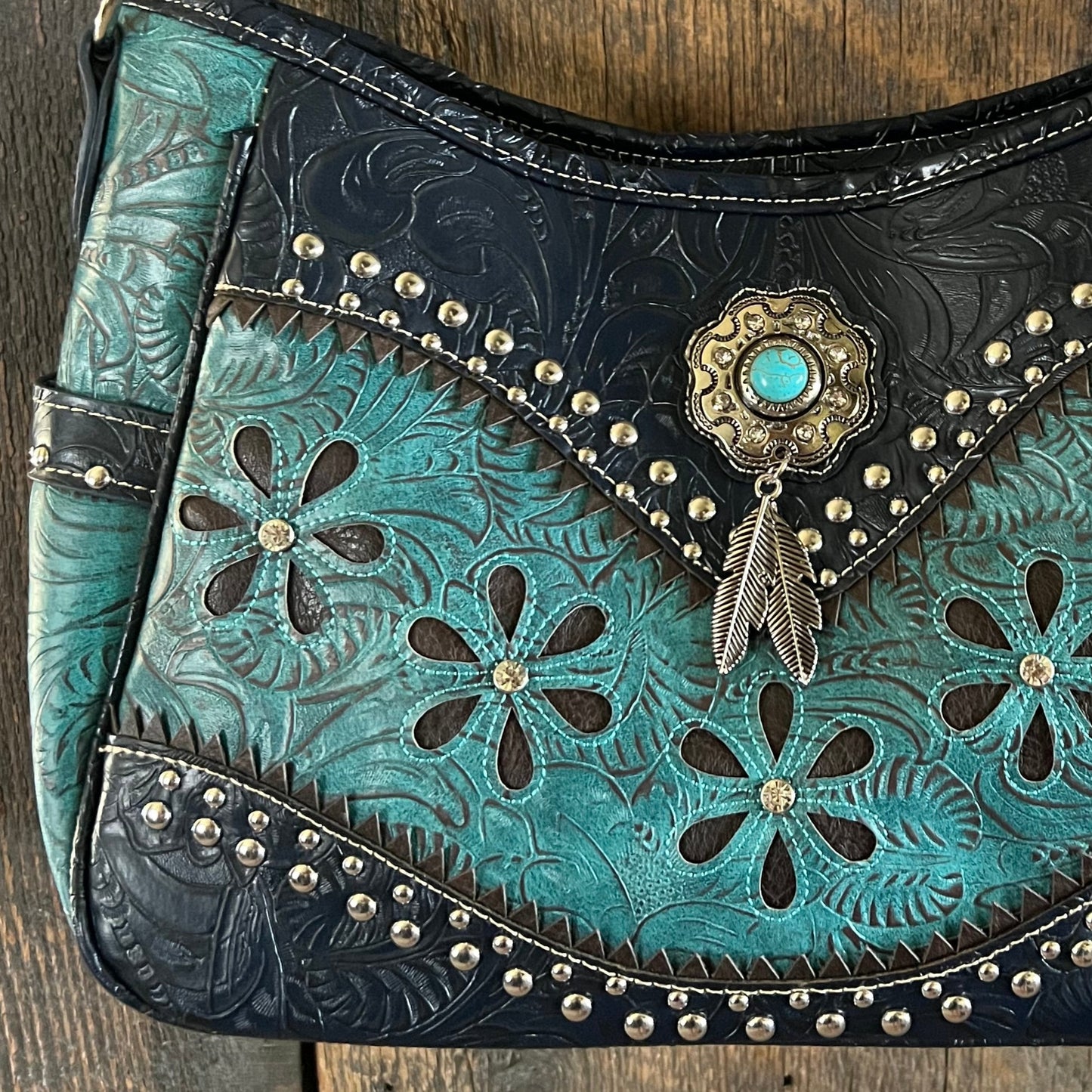 #240-BT Western Concealed Carry Purse with Daisy Design - Turquoise and Black